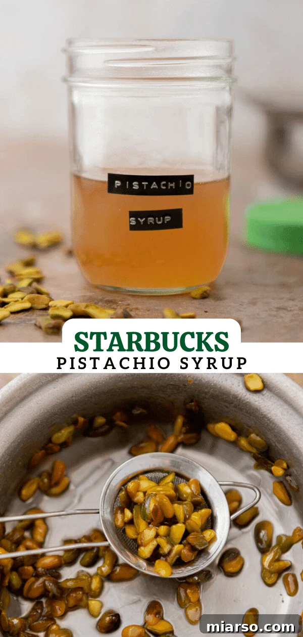 Starbucks Pistachio Syrup: Your Coffee's Delicious Upgrade 13 Pinterest graphic showing homemade pistachio coffee syrup in a jar with recipe title