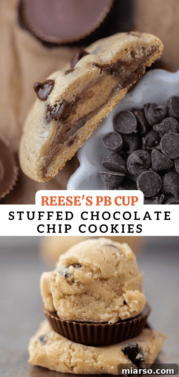 Quick Reese Peanut Butter Cup Chocolate Chip Cookies 15 Reese's peanut butter cup chocolate chip cookies with a close-up on the gooey center.