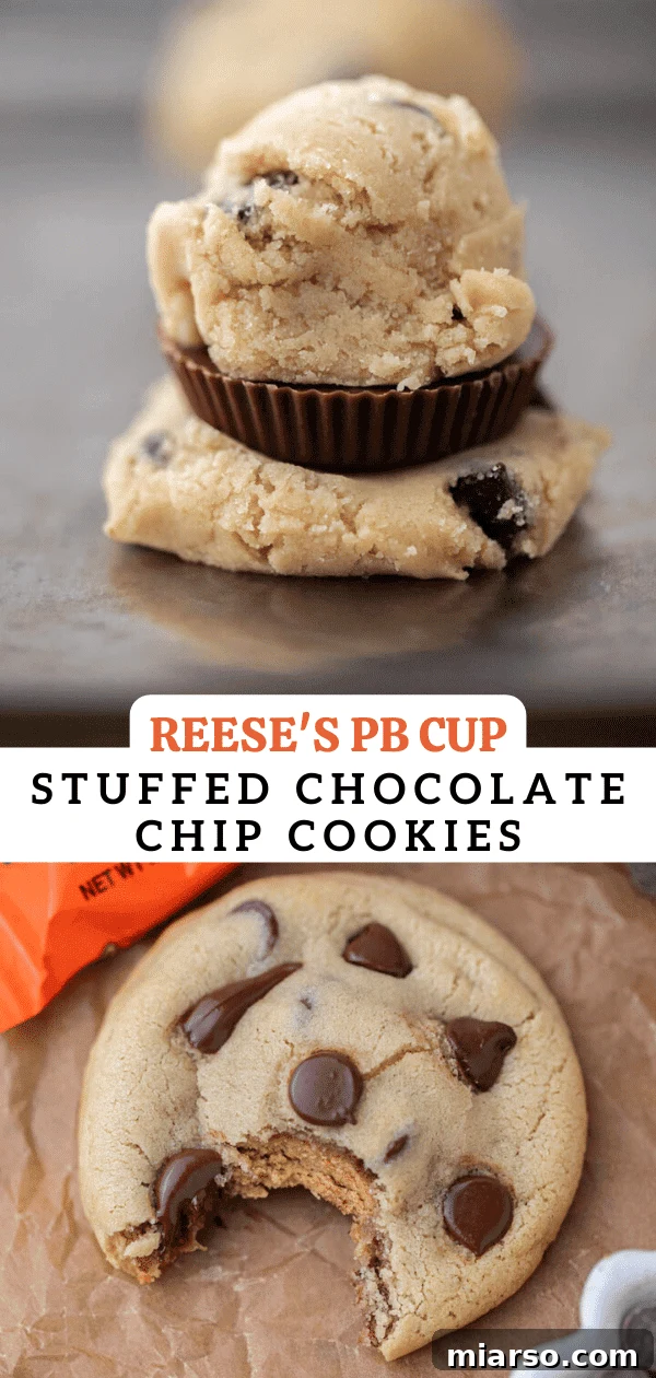 Quick Reese Peanut Butter Cup Chocolate Chip Cookies 16 Artistic shot of Reese's peanut butter cup chocolate chip cookies on a rustic background.