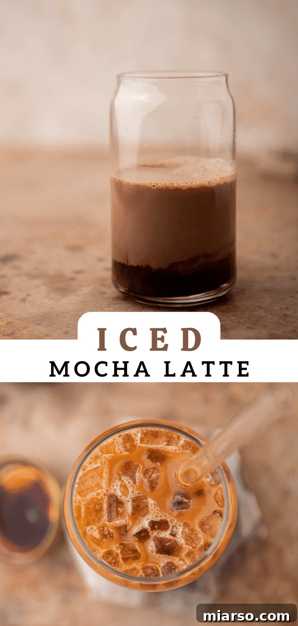 An inviting image of a tall iced mocha latte with condensation, highlighting its coolness.