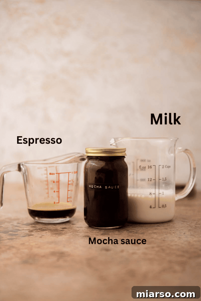 Essential ingredients for an iced mocha latte laid out on a kitchen counter: espresso, chocolate syrup, and milk.