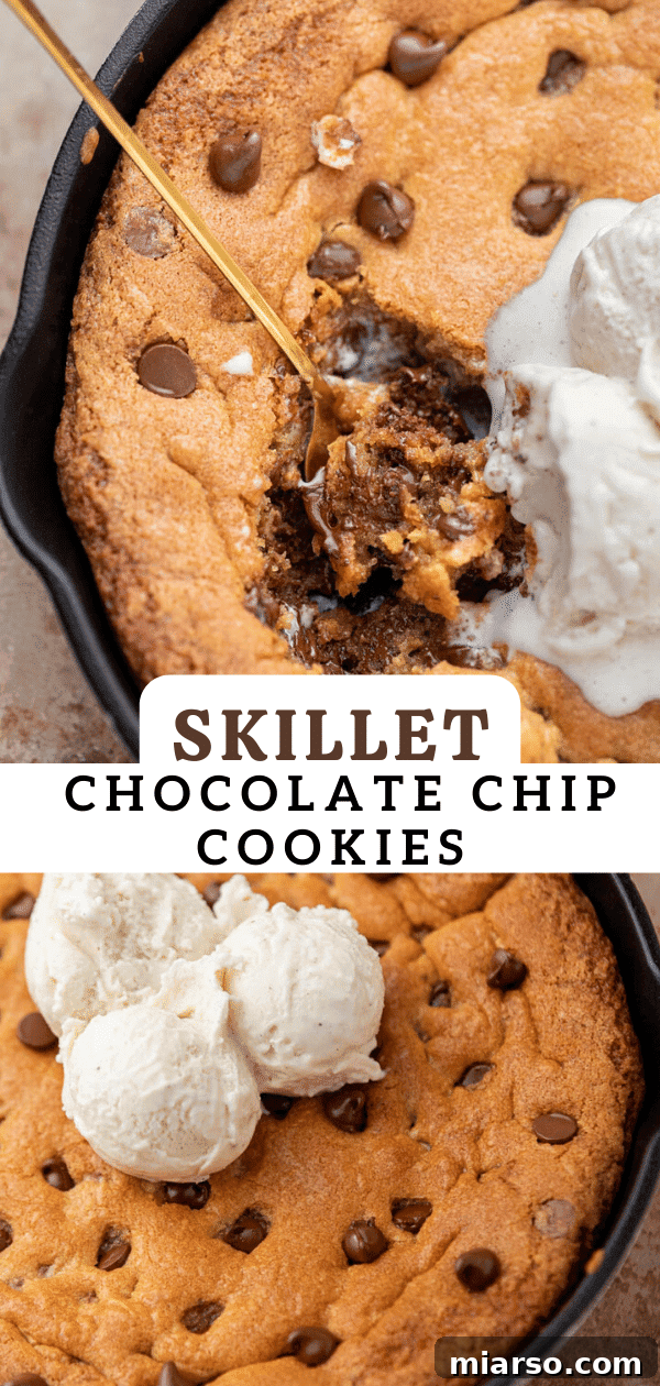 Gooey Skillet Chocolate Chip Pizookie 16 Vertical Pinterest pin image for a chocolate chip skillet cookie recipe, showing the cookie with ice cream.
