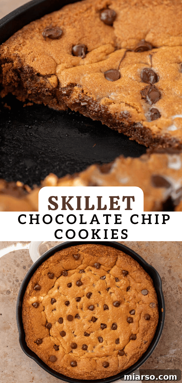 Gooey Skillet Chocolate Chip Pizookie 17 Another vertical Pinterest pin image for a chocolate chip skillet cookie, highlighting its golden edges.