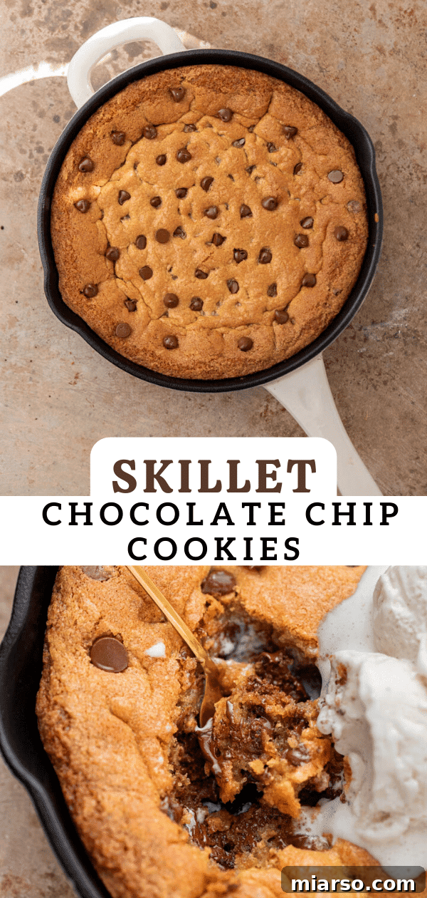 Gooey Skillet Chocolate Chip Pizookie 18 A third vertical Pinterest pin image for the best chocolate chip skillet cookie recipe, featuring a close-up.