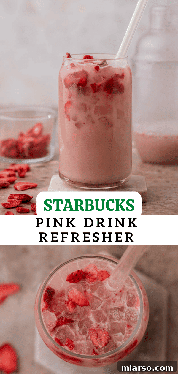 Starbucks pink drink with fresh strawberries, pin for later