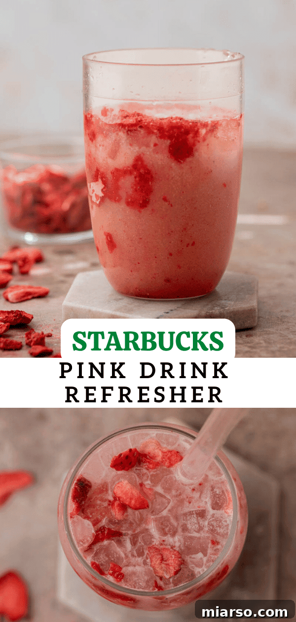 Close-up of Starbucks pink drink with coconut milk, pin for later