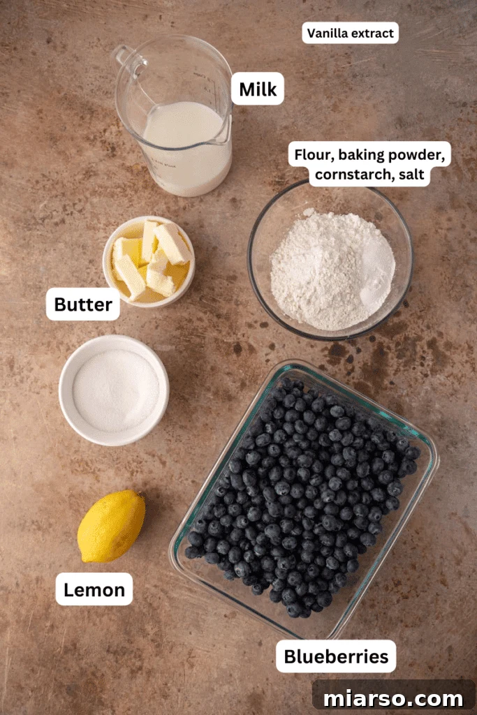 Irresistible Homemade Blueberry Cobbler 3 Various baking ingredients including blueberries, flour, sugar, and butter laid out neatly on a kitchen counter, ready for making cobbler.