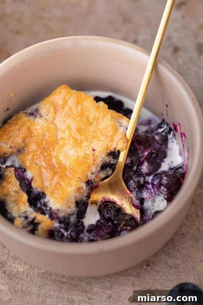 Irresistible Homemade Blueberry Cobbler 4 A serving of warm blueberry cobbler in a bowl, generously topped with a swirl of sweet cream or vanilla ice cream.