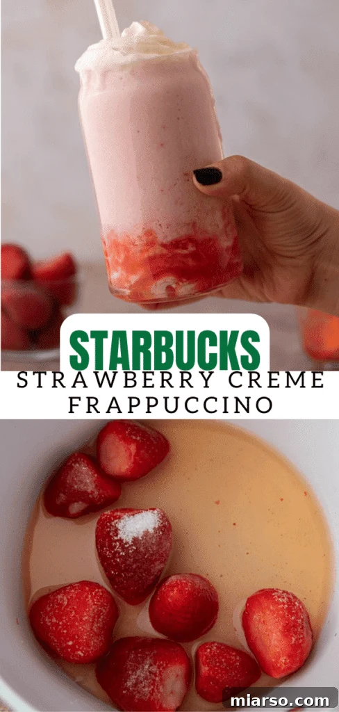 Starbucks strawberry creme frappuccino in a tall glass with whipped cream, perfect for pinning.