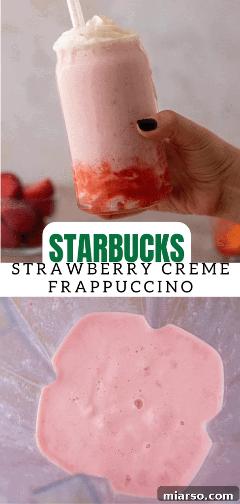 Close-up of a Starbucks strawberry creme frappuccino, highlighting the texture and topping.