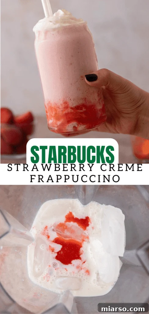 Another angle of the refreshing Starbucks strawberry creme frappuccino, ready to drink.
