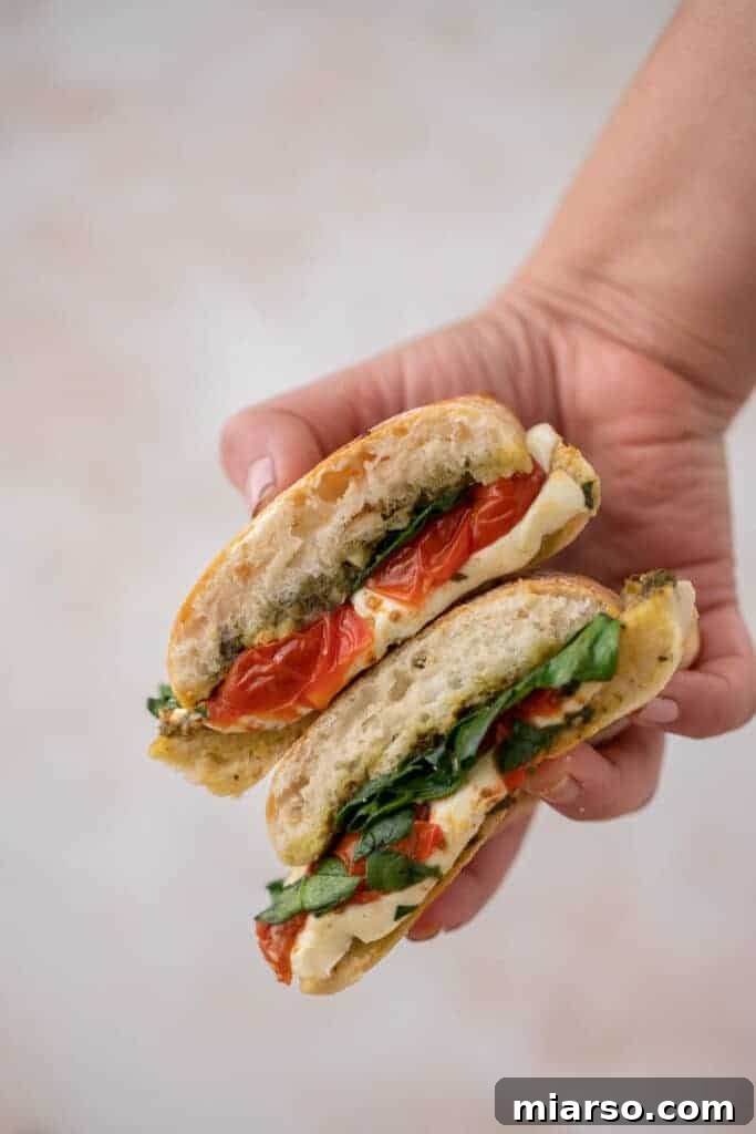 Hand holding sandwich cut in half