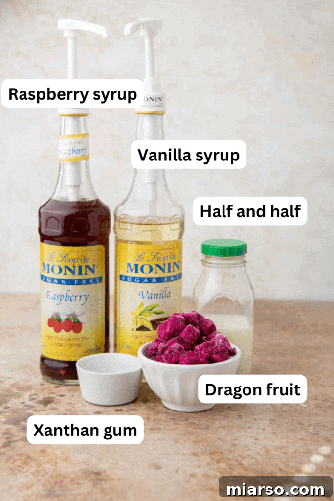 Ingredients for Barbie Frappuccino laid out on a kitchen counter.