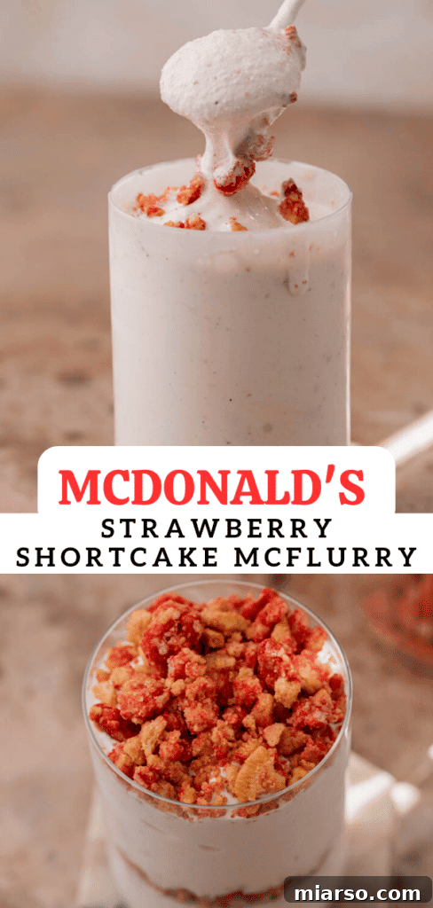 Heavenly Strawberry Shortcake McFlurry 14 A Pinterest-optimized vertical image for McDonald's Strawberry Shortcake McFlurry, showing the dessert in a clear glass.