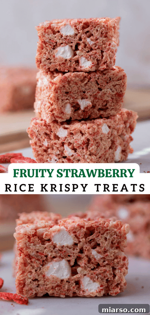 Strawberry Rice Krispies Treats on a pink background, perfect for pinning.
