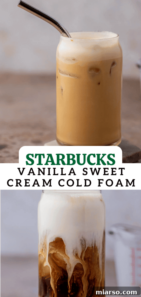 Starbucks sweet cream cold foam on an iced coffee, perfect for Pinterest