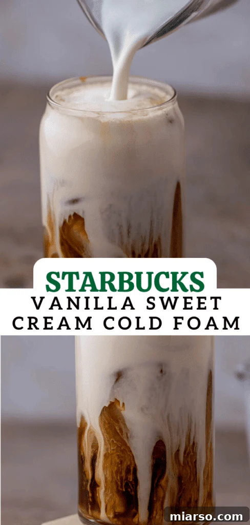 A tall glass of iced cold brew topped with generous Starbucks sweet cream cold foam