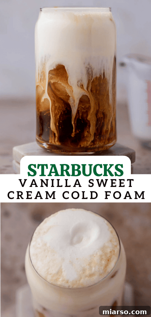 Delicious Starbucks sweet cream cold foam close up in a clear glass