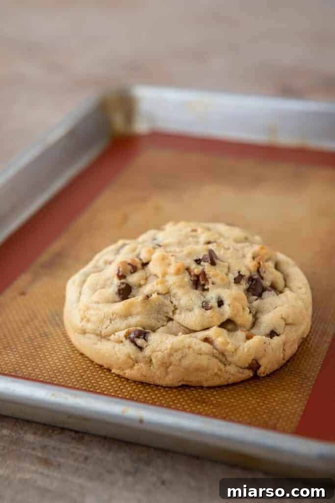 Single serve levain chocolate chip walnut cookie on baking sheet