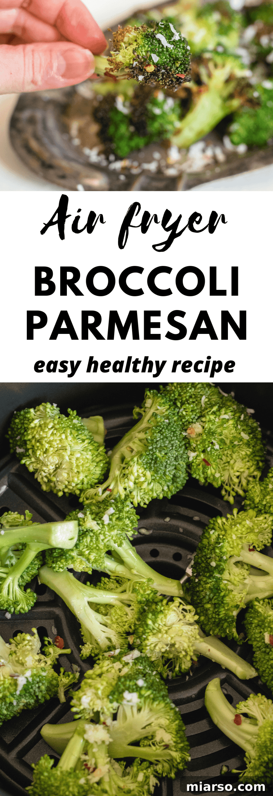Close up of a bowl of air fryer broccoli with parmesan