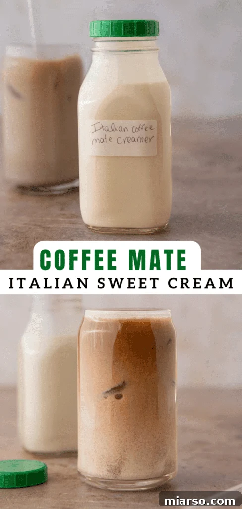 Close-up of a glass bottle filled with homemade Italian sweet cream, with coffee beans scattered around.