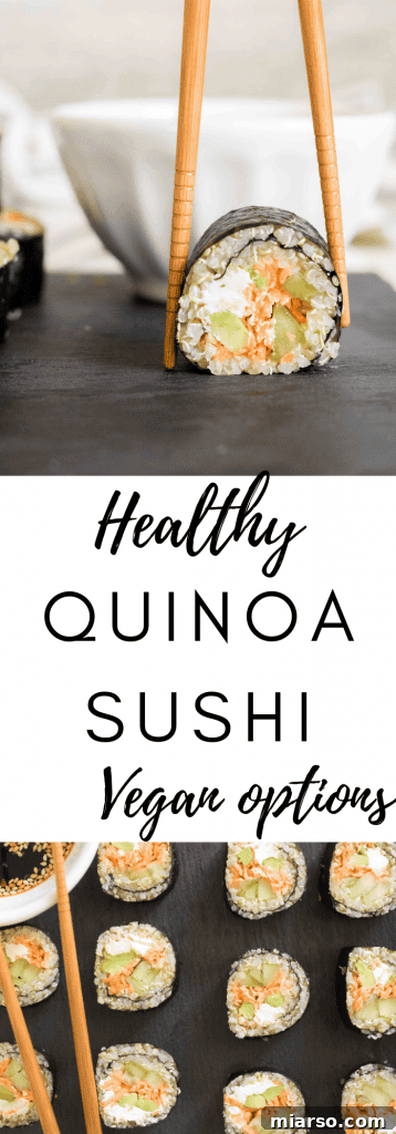 Pinterest pin graphic for quinoa sushi recipe, showing various rolls.