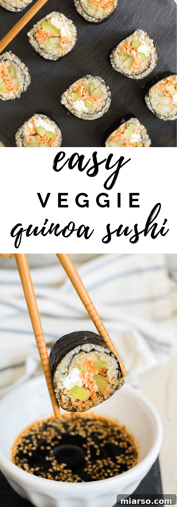 Another Pinterest pin graphic for veggie quinoa sushi, emphasizing health benefits.