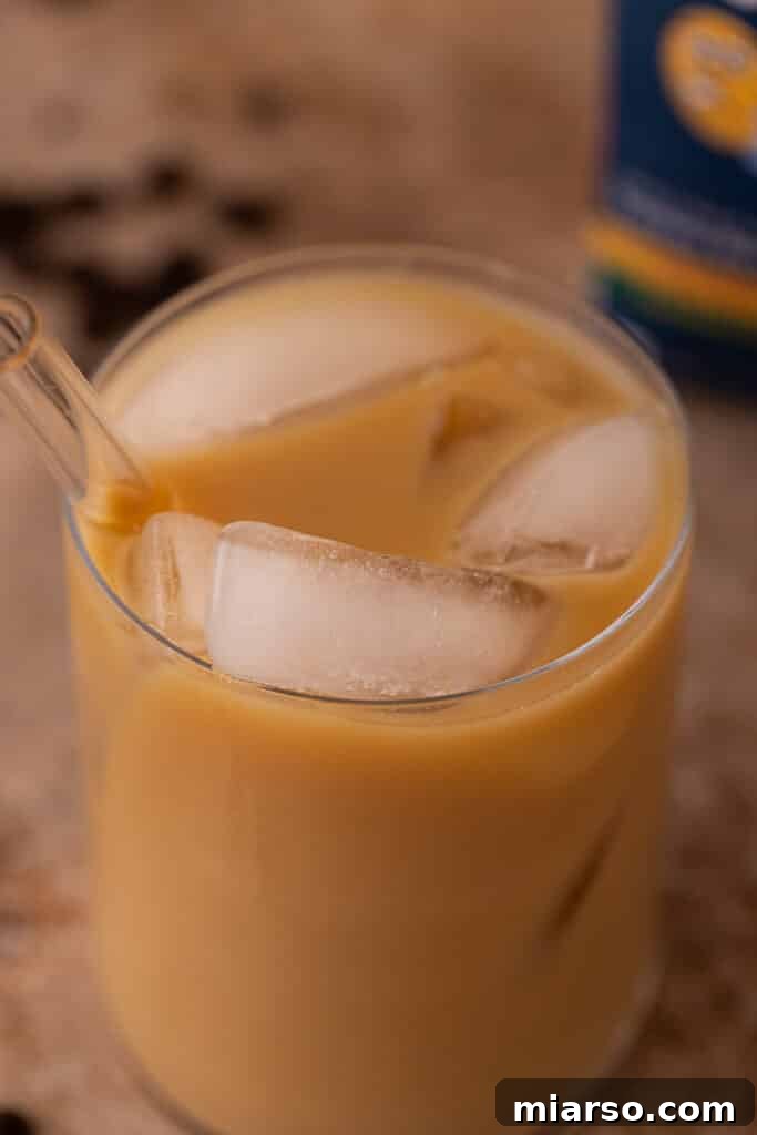 Emma Chamberlain Coffee Recipe - a glass of cold brew latte with ice, almond milk, and creamer.