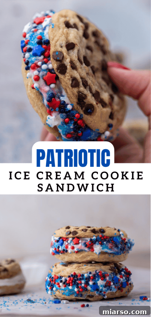 Patriotic ice cream cookie sandwich with American flag