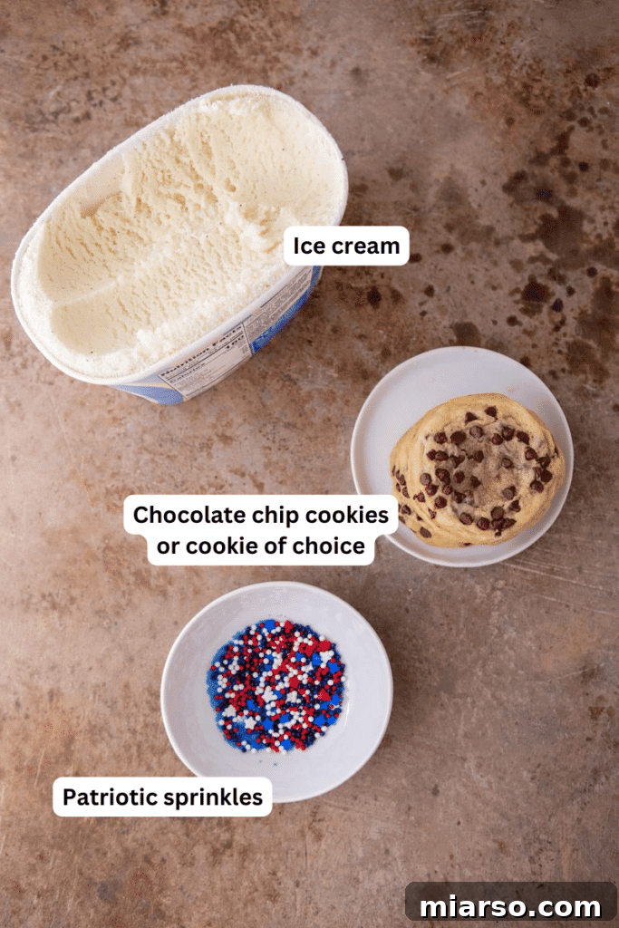 Ingredients for patriotic ice cream sandwiches laid out on a counter