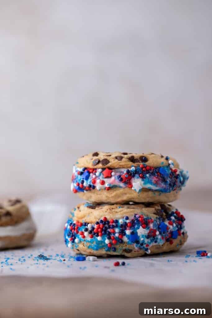 Patriotic ice cream sandwich being rolled in sprinkles