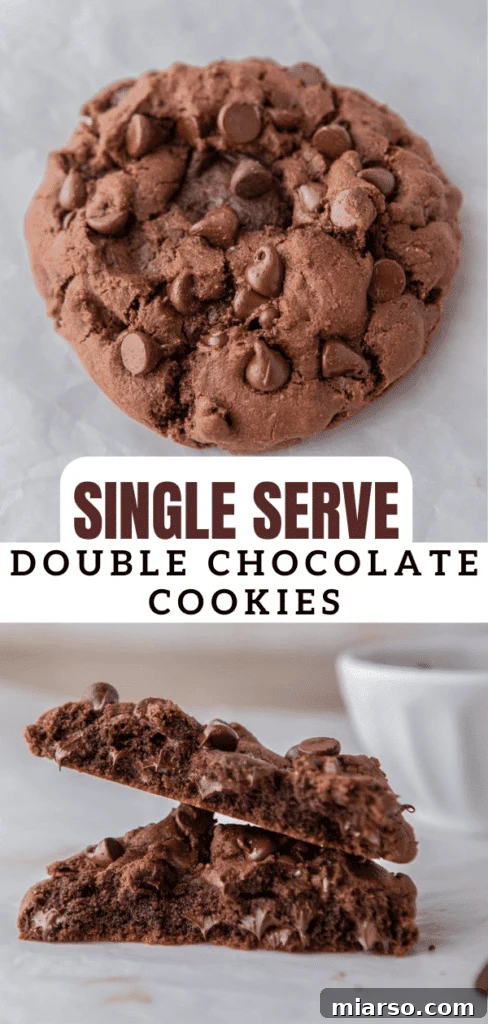 Close-up of a freshly baked single-serve chocolate chip cookie, golden brown with melted chocolate.