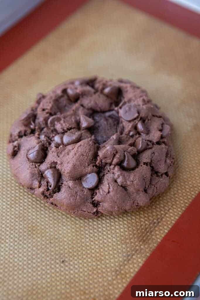 A perfectly baked single-serve double chocolate cookie cooling on a baking sheet, showcasing its rich color and melted chocolate.