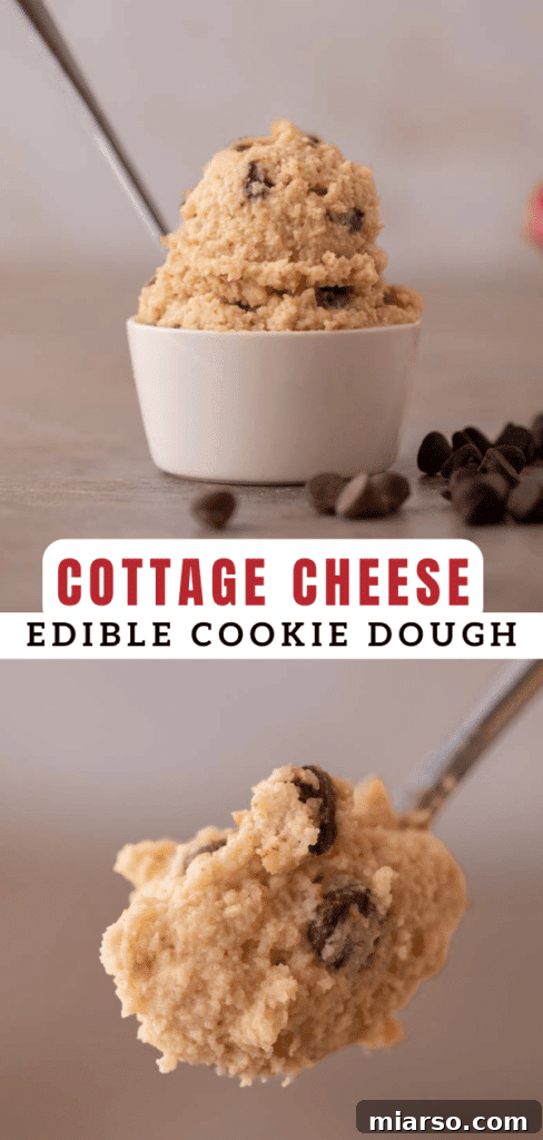 Close-up of cottage cheese edible cookie dough in a rustic bowl.
