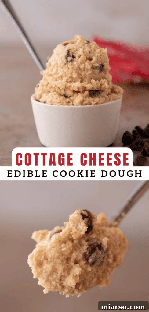 Cottage cheese edible cookie dough with chocolate chips in a white bowl.
