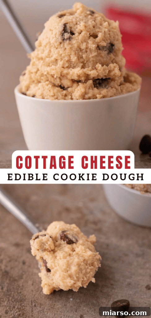 Overhead shot of edible cottage cheese cookie dough in a bowl, ready to eat.