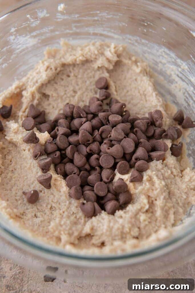 Finished cottage cheese edible cookie dough in a mixing bowl before serving.