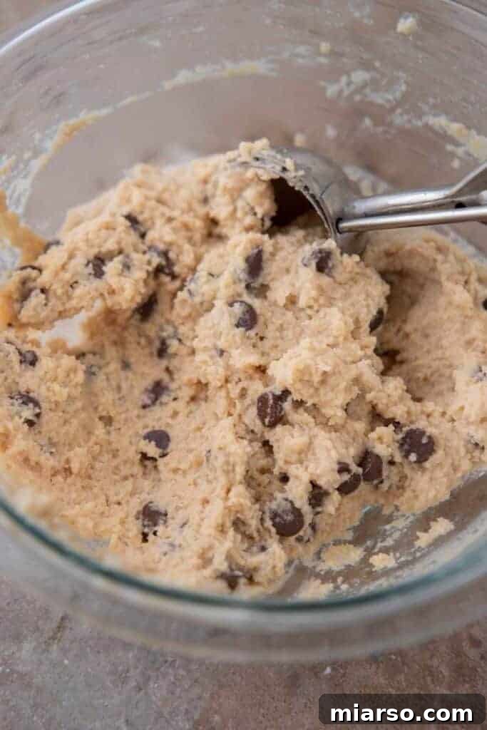 Cottage cheese edible cookie dough artfully presented in a small bowl.