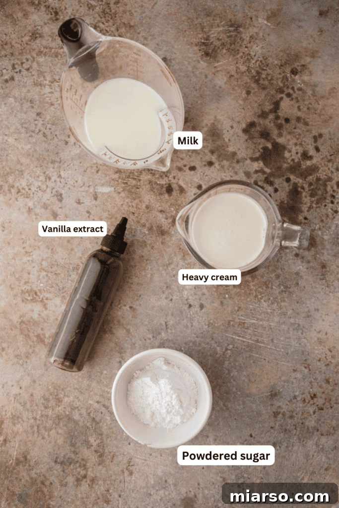 Basic ice cream ingredients arranged on a kitchen counter
