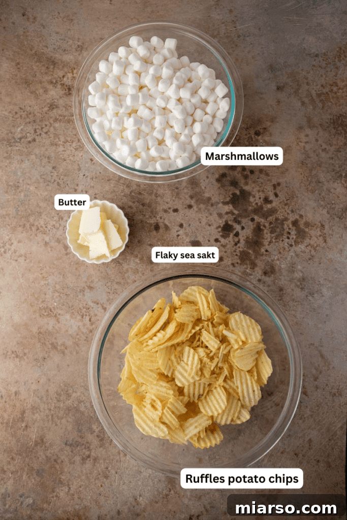 Ingredients for Ruffles marshmallow treats laid out on a kitchen counter