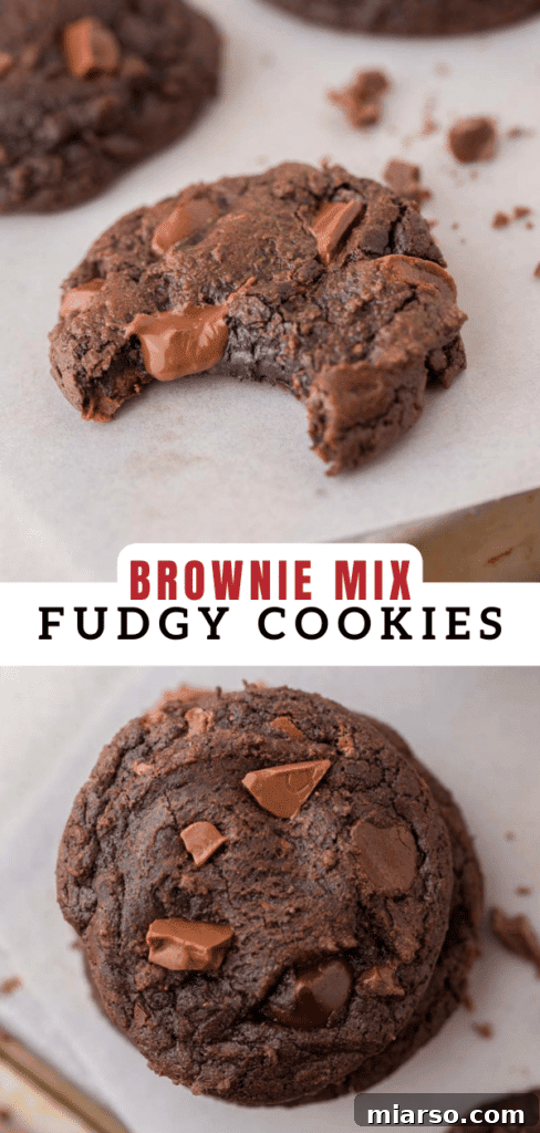 Your New Favorite Brownie Mix Cookies 13 Pinterest collage featuring images of brownie mix cookies from various angles.