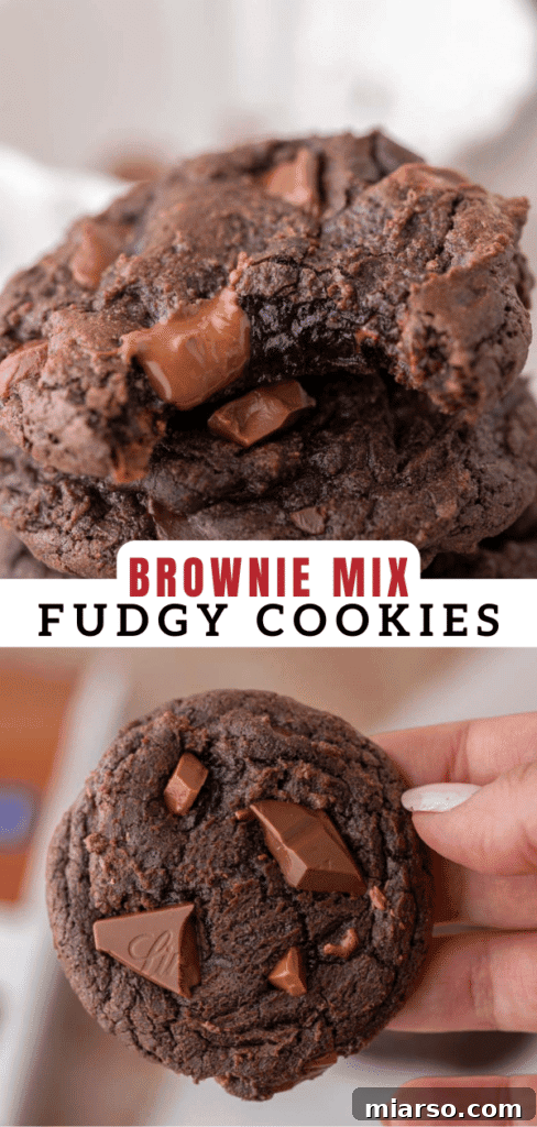 Your New Favorite Brownie Mix Cookies 14 Pinterest collage displaying different stages of making and enjoying brownie mix cookies.