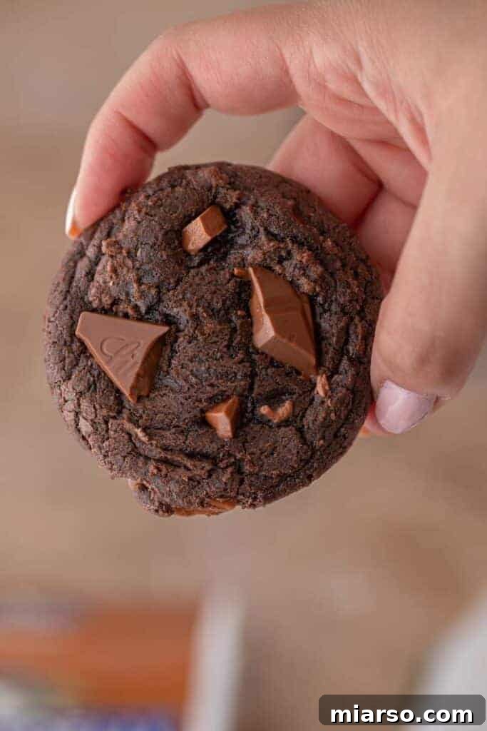 Your New Favorite Brownie Mix Cookies 4 A hand gently holding a freshly baked brownie mix cookie, highlighting its soft center and rich color.