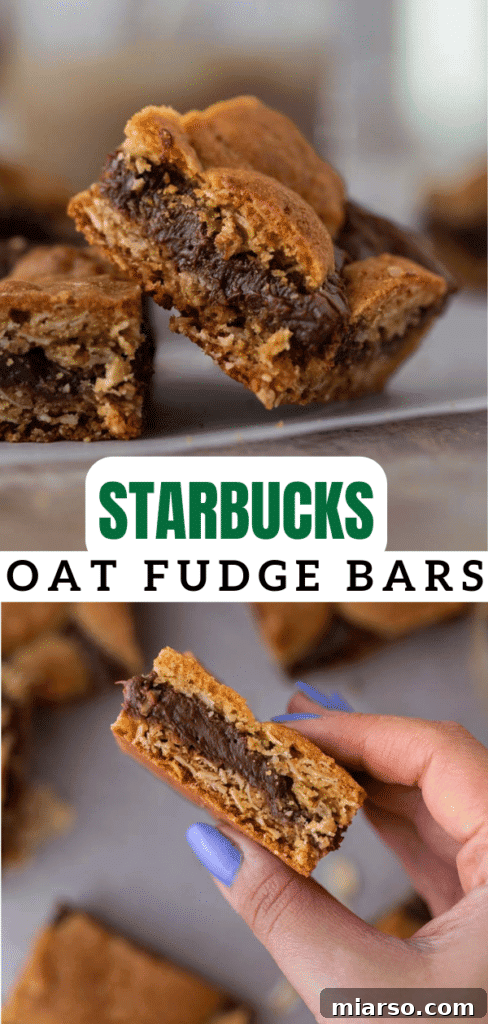 Decadent Starbucks Oat Fudge Bars 15 Starbucks oat fudge bars with a bite taken out, showcasing the fudge layer.