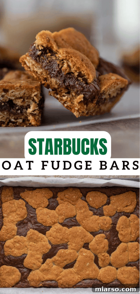Decadent Starbucks Oat Fudge Bars 17 Starbucks oat fudge bars stacked with a cup of coffee in the background.