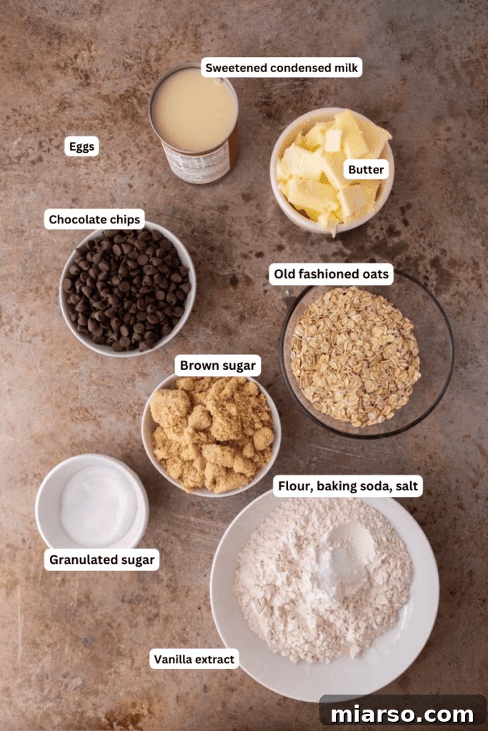 Decadent Starbucks Oat Fudge Bars 3 Ingredients for Starbucks oat fudge bars laid out on a kitchen counter, including butter, sugars, eggs, vanilla, flour, oats, chocolate chips, and sweetened condensed milk.