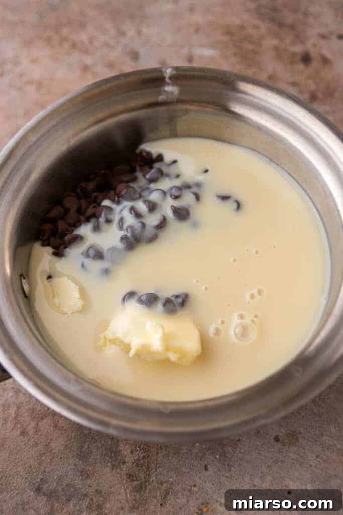 Decadent Starbucks Oat Fudge Bars 8 Ingredients for chocolate fudge, including chocolate chips, sweetened condensed milk, and butter.