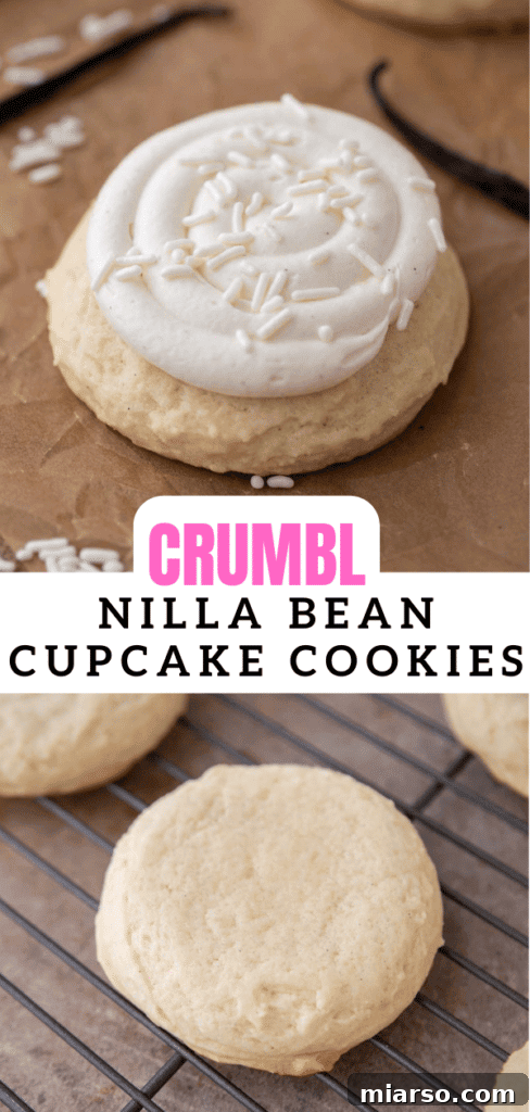 Two irresistible Crumbl Nilla Bean Cupcake cookies on display, ready to be pinned.
