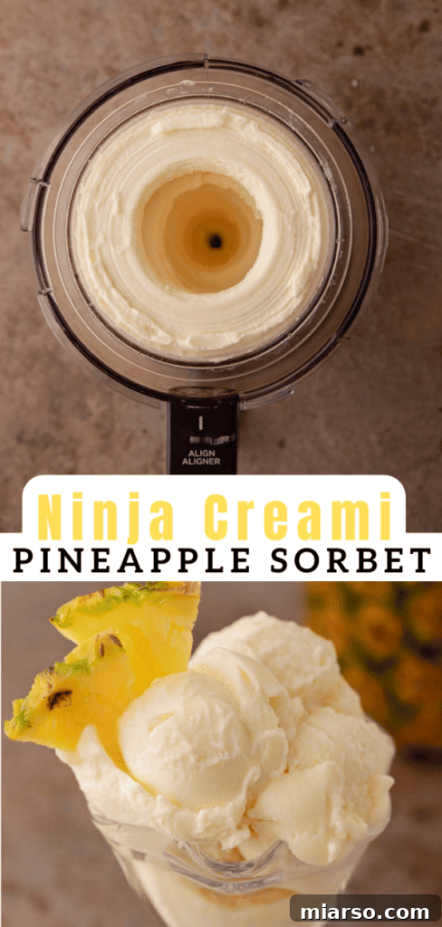 Pinterest collage featuring Ninja Creami pineapple sorbet with ingredients and final product.