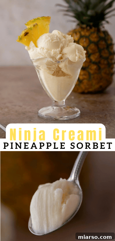 Pinterest collage showcasing the Ninja Creami pineapple sorbet from preparation to serving.